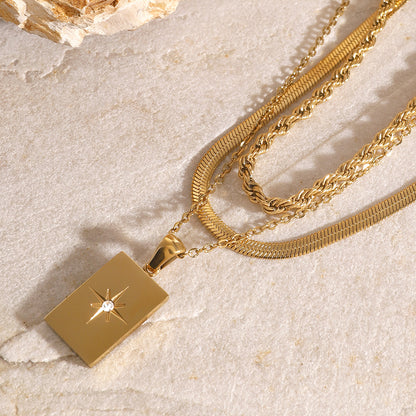 18K Gold Starburst Pendant Herringbong Snake Rope Chain Layered Necklace