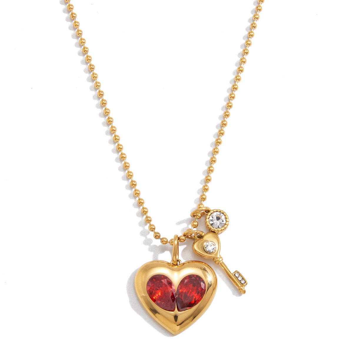 18K Gold Amour Red Heart Pendant Key Cross Charm Necklace