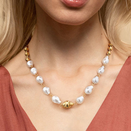 18K Gold Chunky Baroque Pearl Ball Chain Beaded Statement Necklace