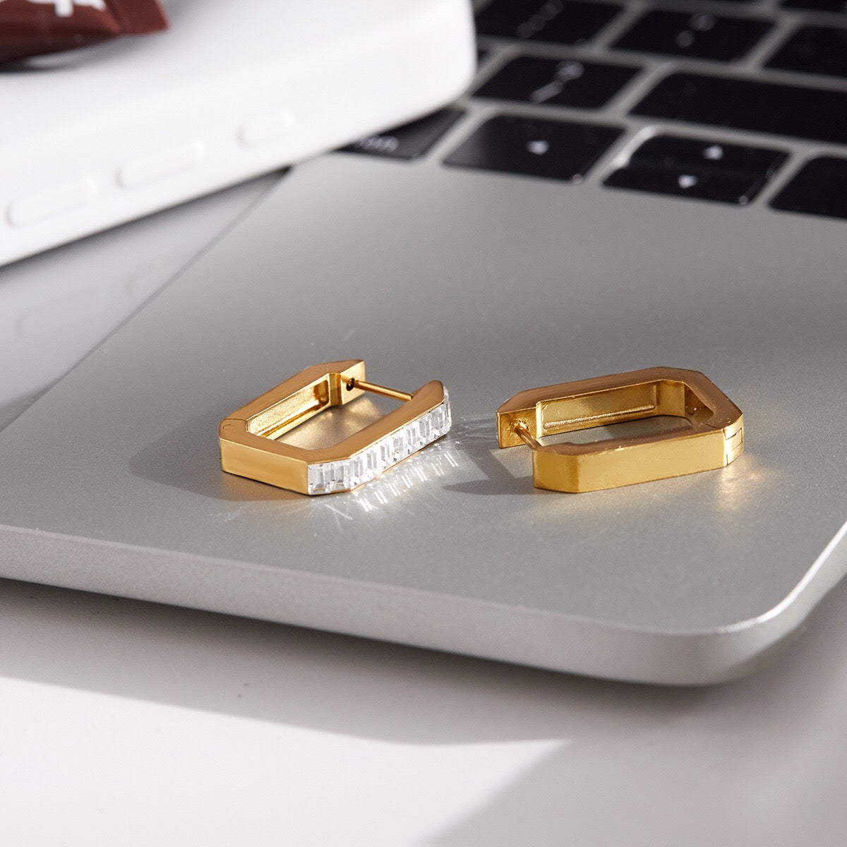 18K Gold Full Glam Rectangle Hoop Huggie Earrings CZ Ear Cuffs Stack