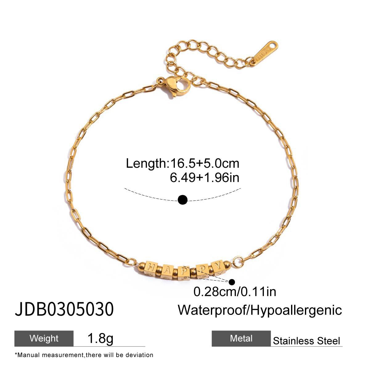 18K Gold HAPPY Letter Dainty Chain Bracelet
