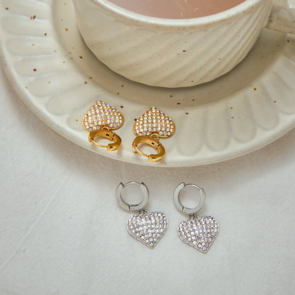 18K Gold Affection Pave Heart Dangle Small Hoop Huggie Earrings