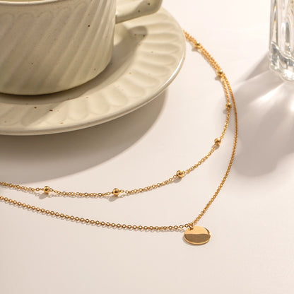 18K Gold Quiet Desire Disc Pendant Dainty Double Chain Layered Necklace