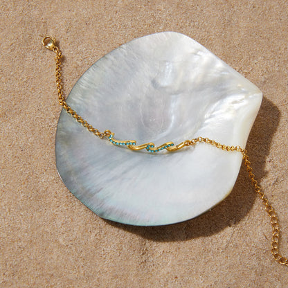 18K Gold Ocean Whisper Pave Blue Wave Dainty Chain Bracelet