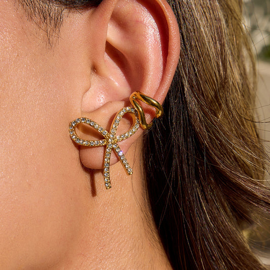 18K Gold Bling Coquette Bow Stud Earrings Ear Cuffs Set