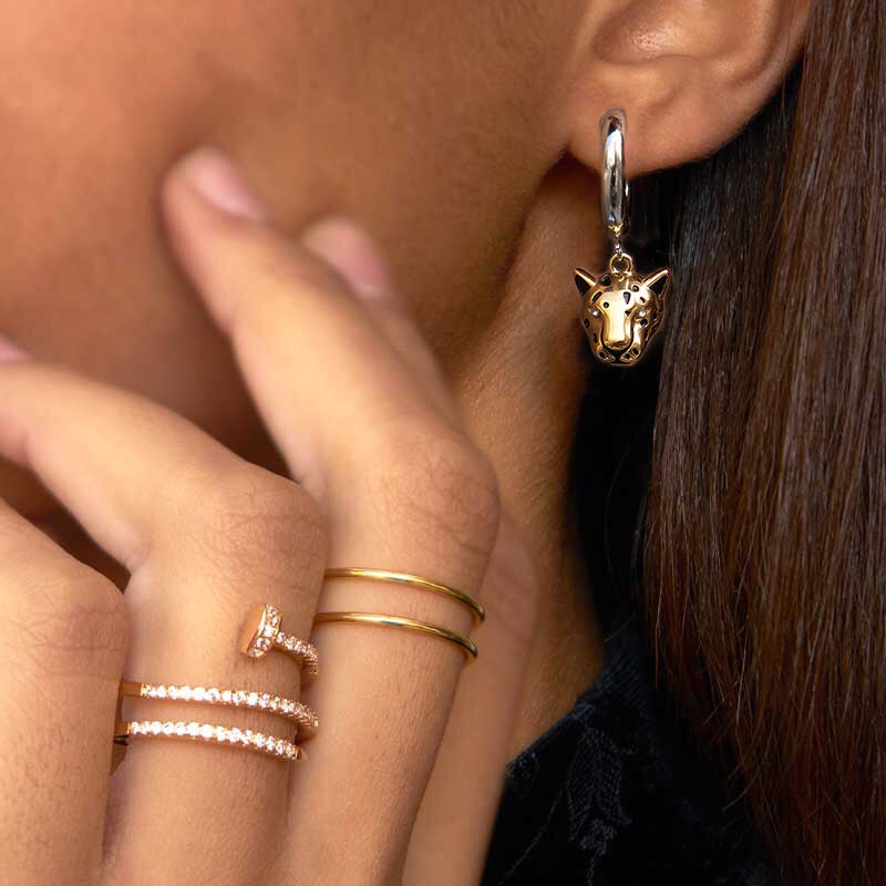 18K Gold and Silver Two Tone Savage Chic Leopard Dangle Hoop Earrings