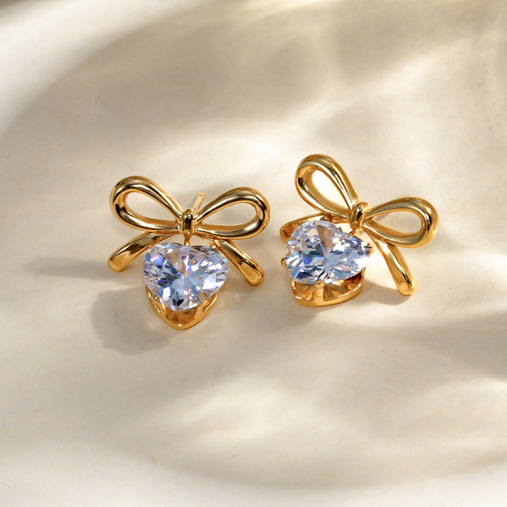 18K Gold Bling Heart Bow Dangle Earrings