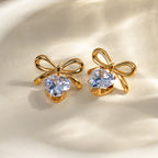 18K Gold Bling Heart Bow Dangle Earrings