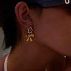 18K Gold Silver Star Pink Jewel Bow Statement Stud Dangle Earrings