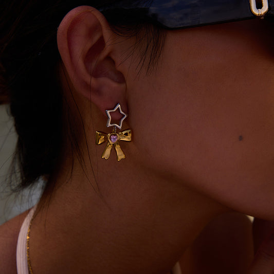 18K Gold Silver Star Pink Jewel Bow Statement Stud Dangle Earrings