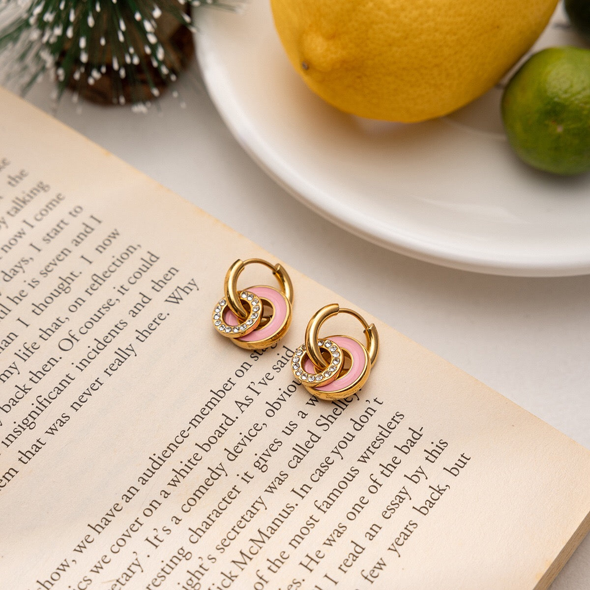 18K Gold Blush Pop Pink Disc Small Hoop Dangle Huggie Earrings