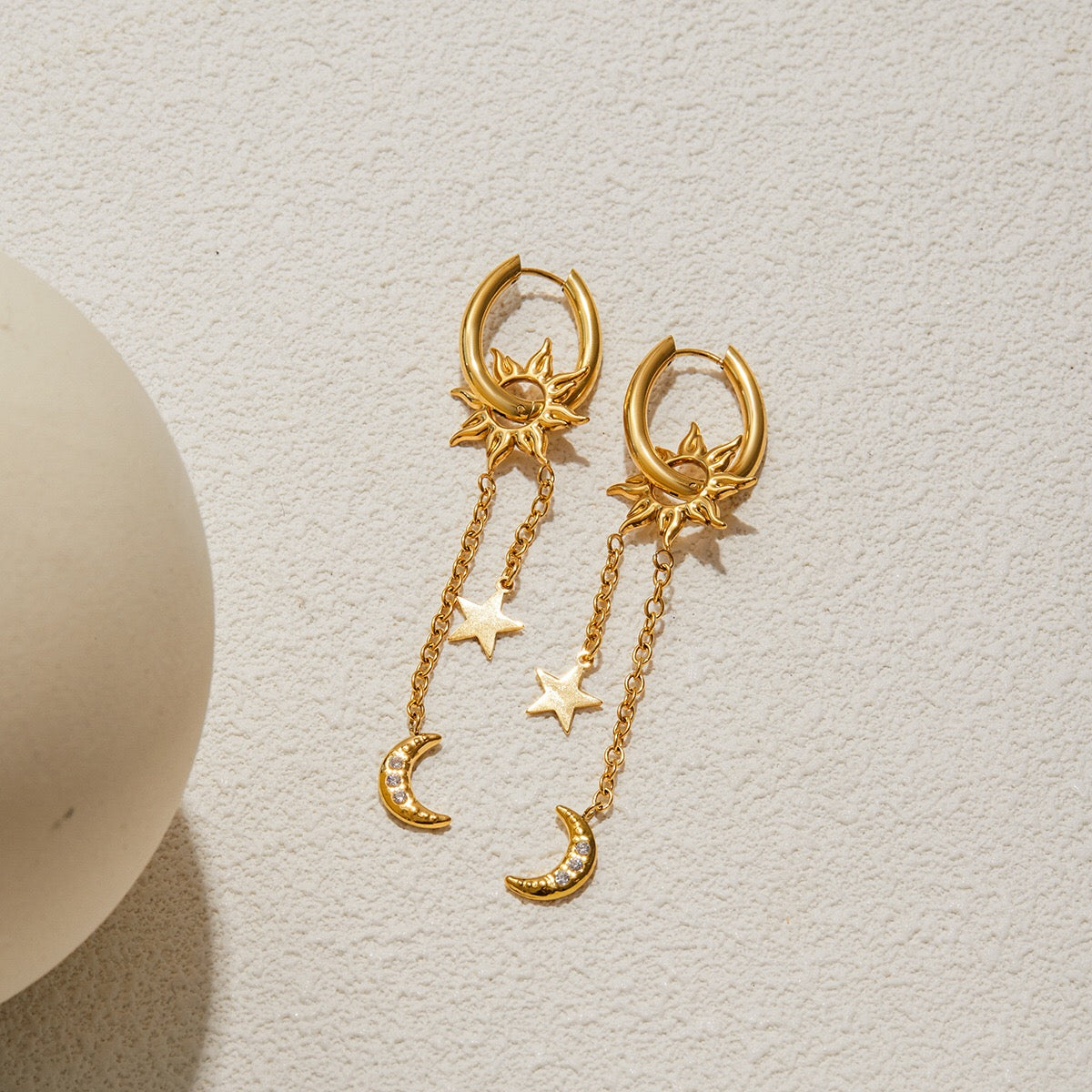 18K Gold Celestial Sun Moon and Star Drop Dangle Huggie Earrings