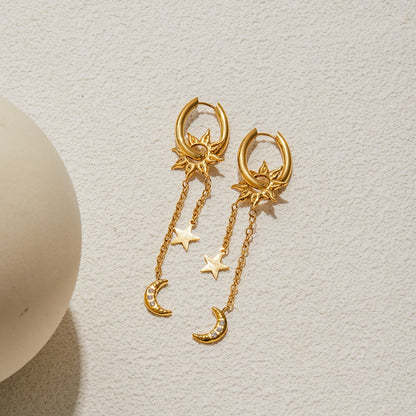18K Gold Celestial Sun Moon and Star Drop Dangle Huggie Earrings