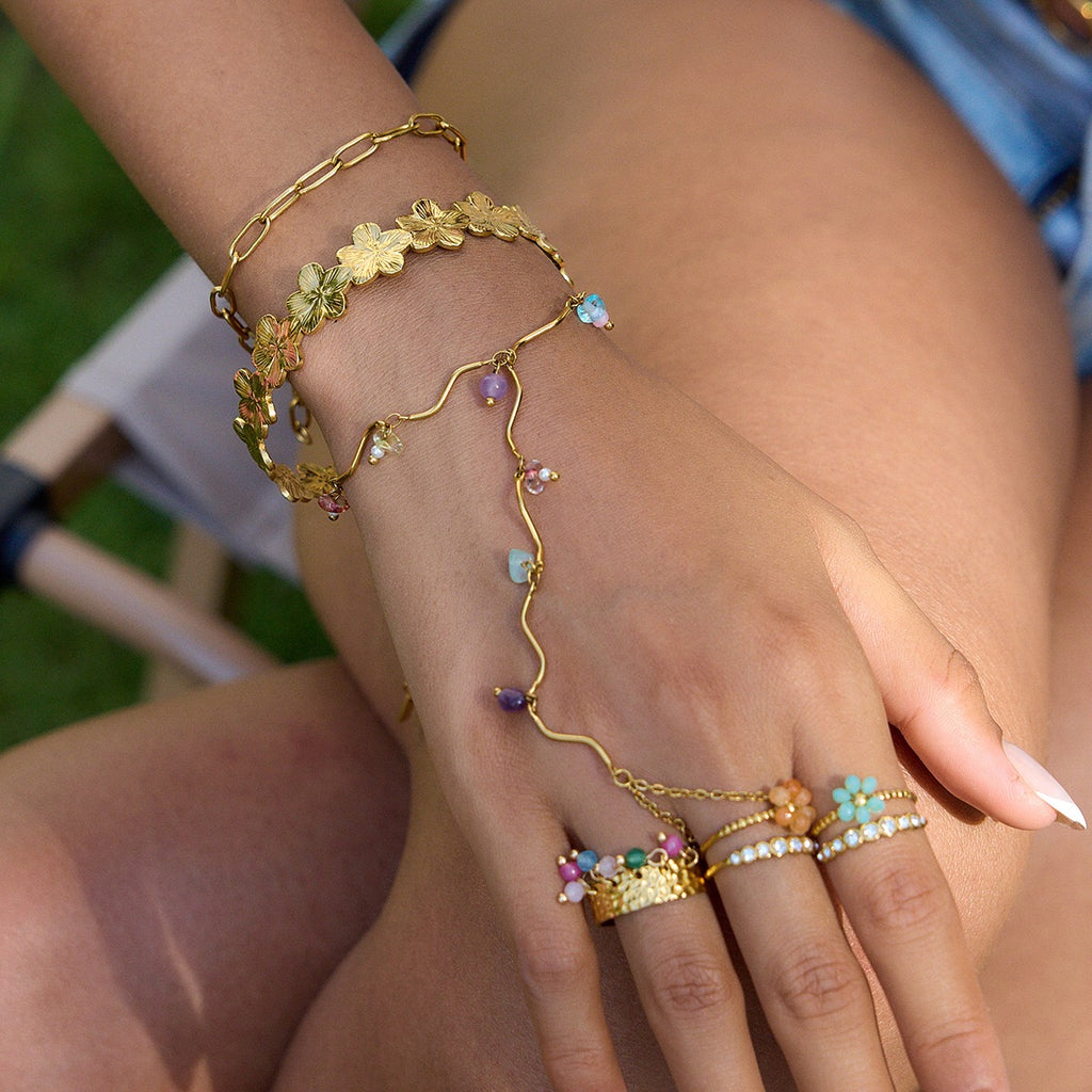 18K Gold Waterproof Pastel Gemstone Delicate Wavy Hand Chain Bracelet