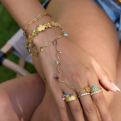18K Gold Waterproof Pastel Gemstone Delicate Wavy Hand Chain Bracelet
