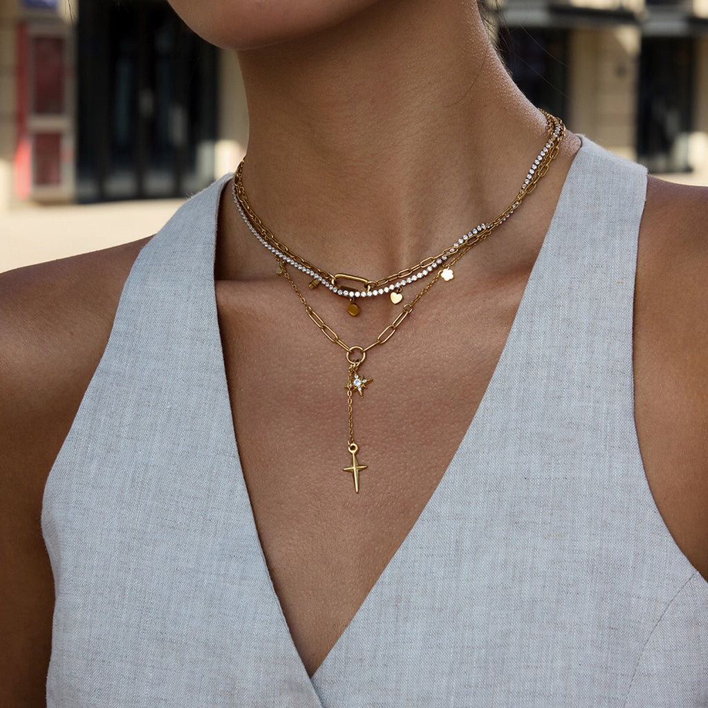 18K Gold Starry Y Shape Pendant Heart Tennis Chain Paperclip Layered Necklace Set