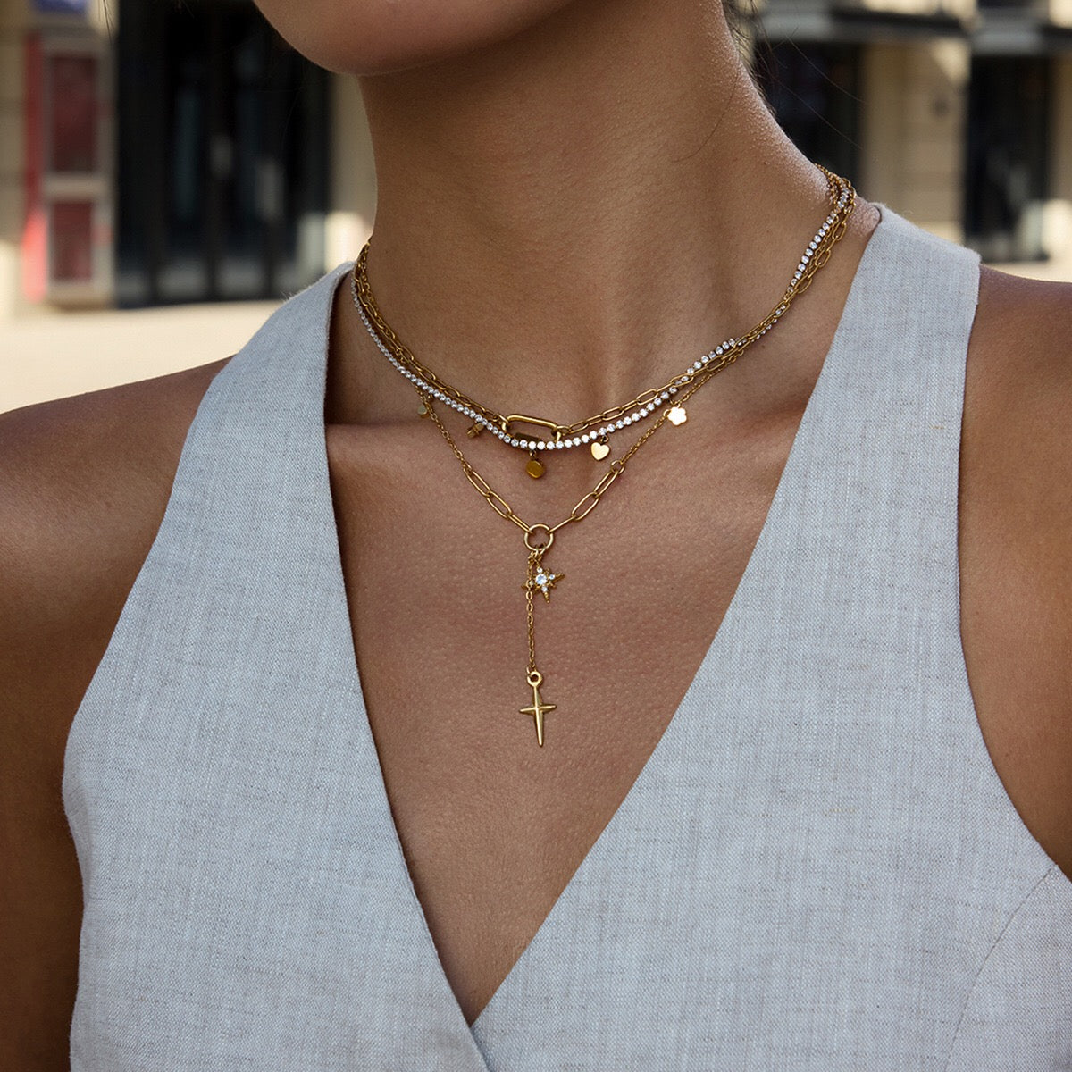 18K Gold Starry Y Shape Pendant Heart Tennis Chain Paperclip Layered Necklace Set