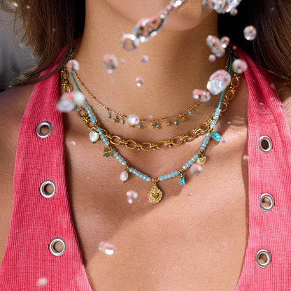 18K Gold Seaside Fantasy Blue Beads Heart Charm Circle Chain Layered Necklace Set