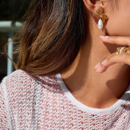 18K Gold Lace Bow Dangle Pearl Cute Stud Earrings