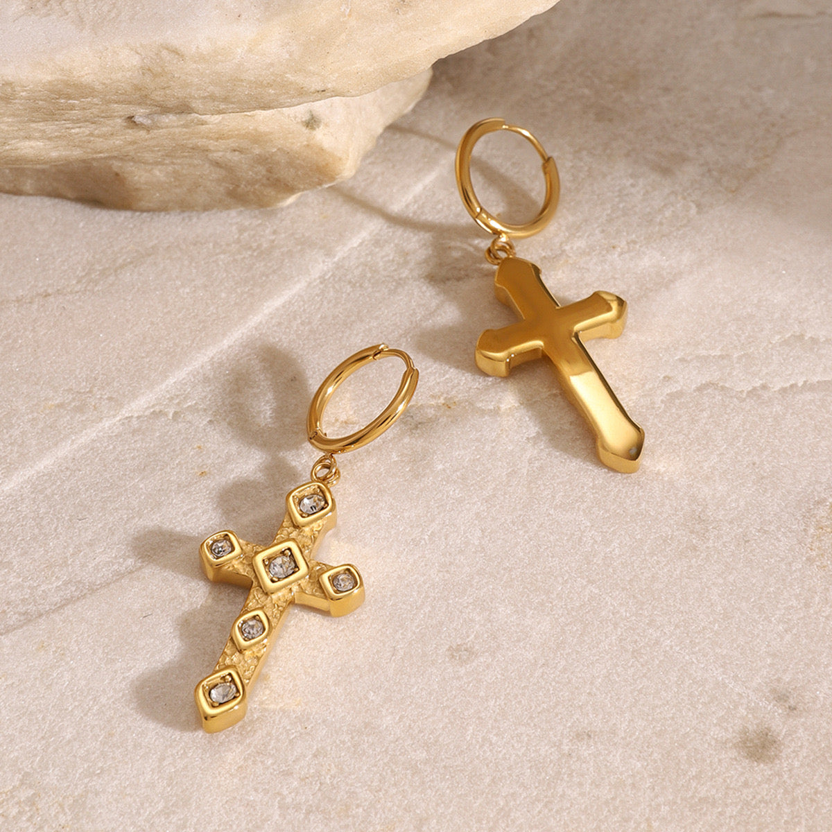 18K Gold Bling Cross Huggie Earrings with Charm