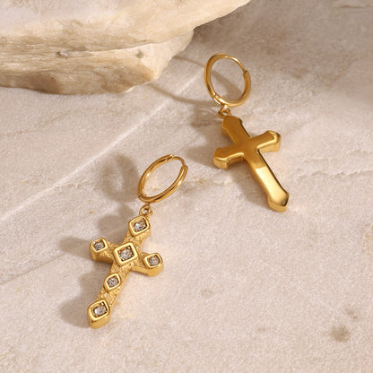 18K Gold Bling Cross Huggie Earrings with Charm