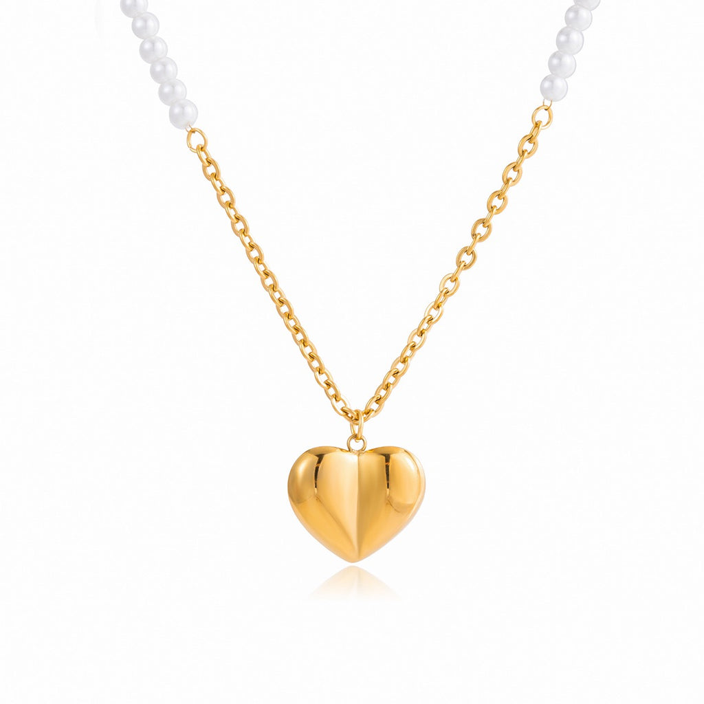 18K Gold Pearl Amour Heart Pendant Beaded Chain Necklace