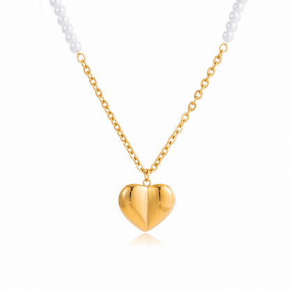 18K Gold Pearl Amour Heart Pendant Beaded Chain Necklace
