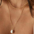 18K Gold Paperclip Chain Pearl Pendant Layered Necklace Set