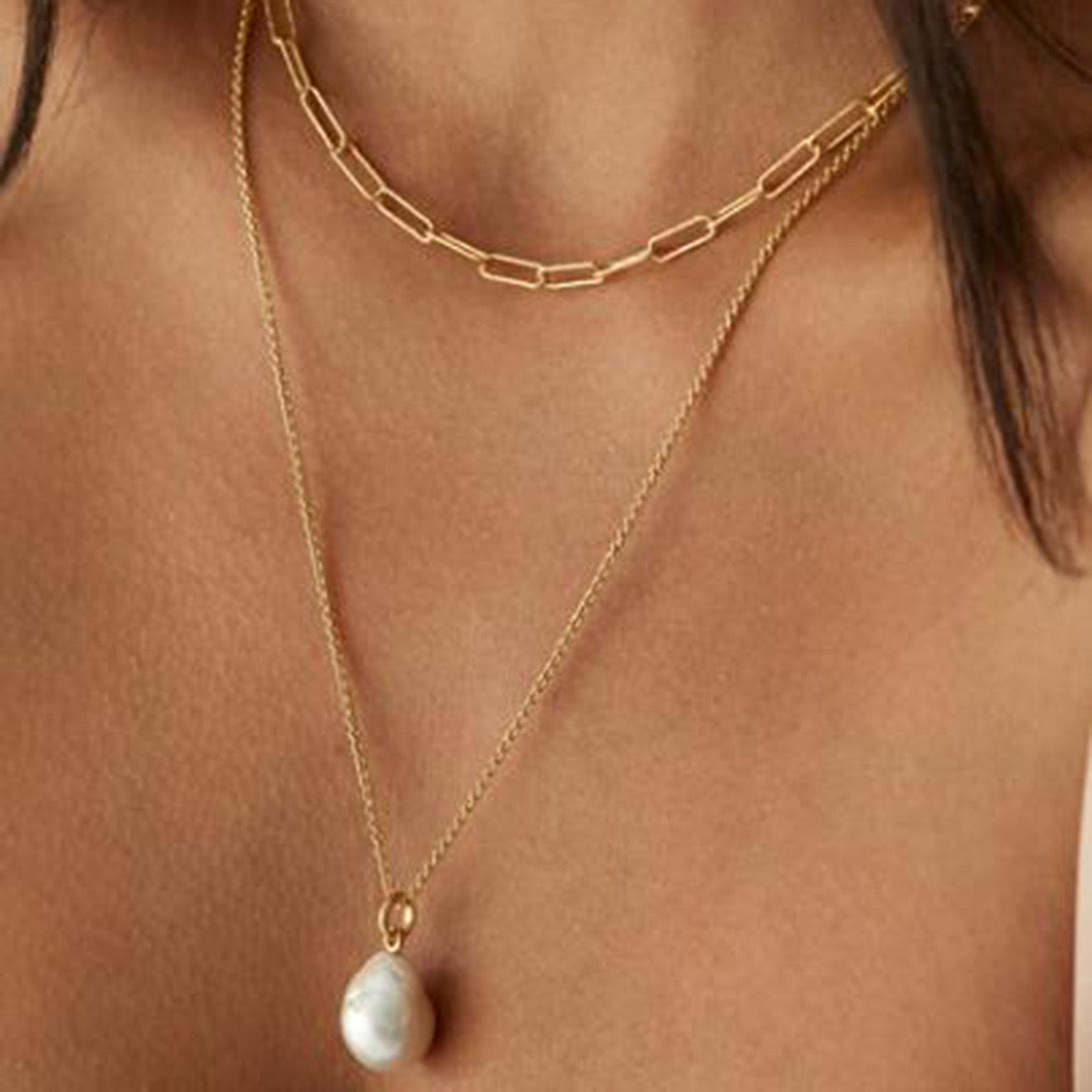 18K Gold Paperclip Chain Pearl Pendant Layered Necklace Set
