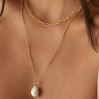18K Gold Paperclip Chain Pearl Pendant Layered Necklace Set