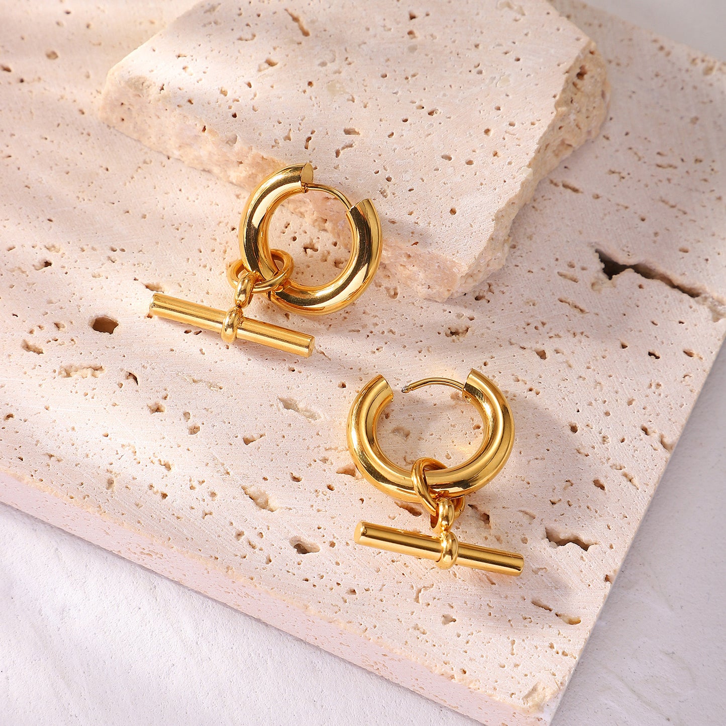 18K Gold T-Bar Small Hoop Huggie Earrings