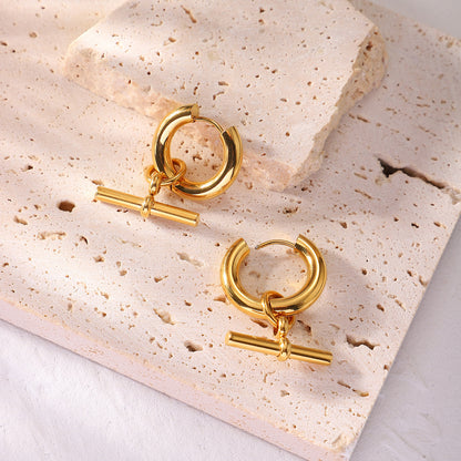 18K Gold T-Bar Small Hoop Huggie Earrings