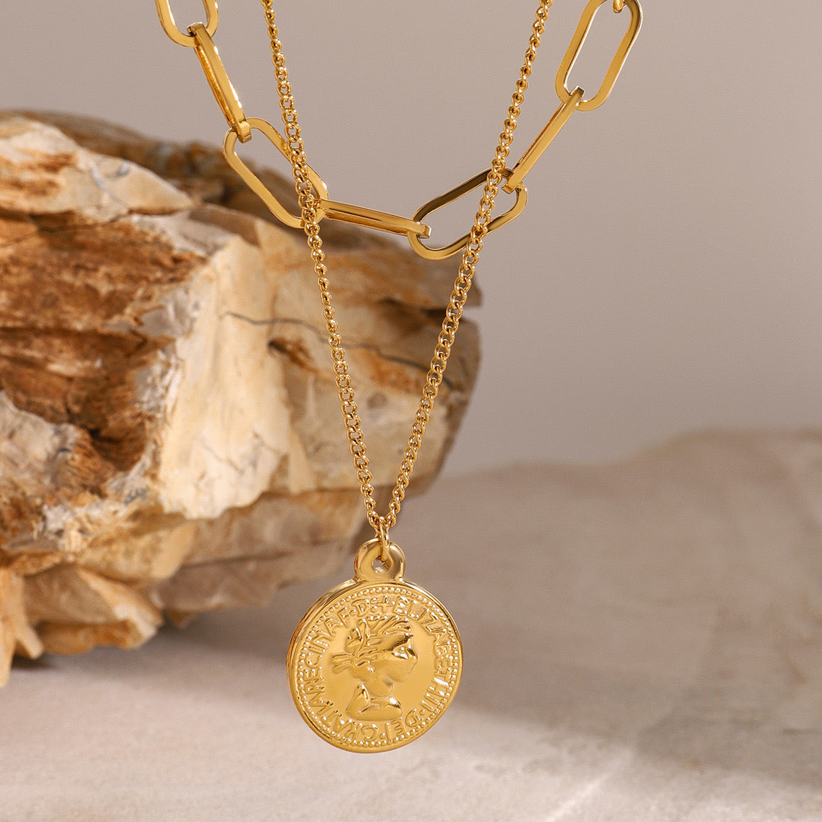 18K Gold Coin Pendant Paperclip Chain Layered Necklace Set