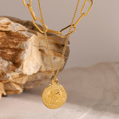 18K Gold Coin Pendant Paperclip Chain Layered Necklace Set
