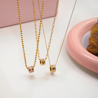 18K Gold Pink Heart Mama Bling Ring Dainty Pendant Necklace