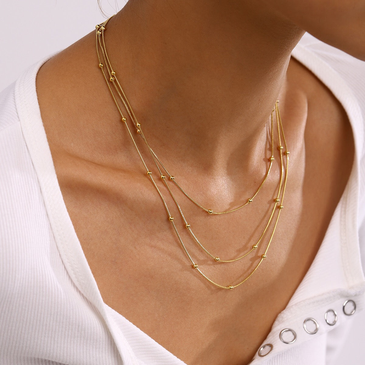 18K Gold Dainty Beaded Chain Layered Necklace Set
