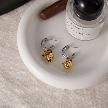 18K Gold and Silver Two Tone Savage Chic Leopard Dangle Hoop Earrings