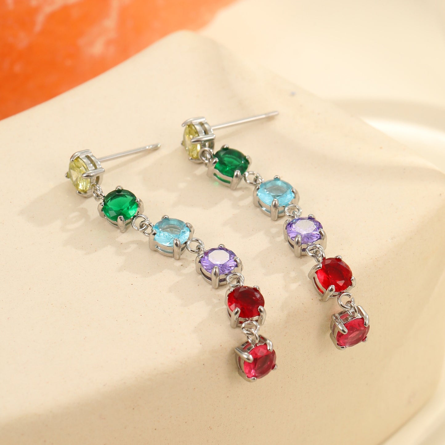 18K Gold Rainbow Tennis Chain Drop Dangle Stud Earrings