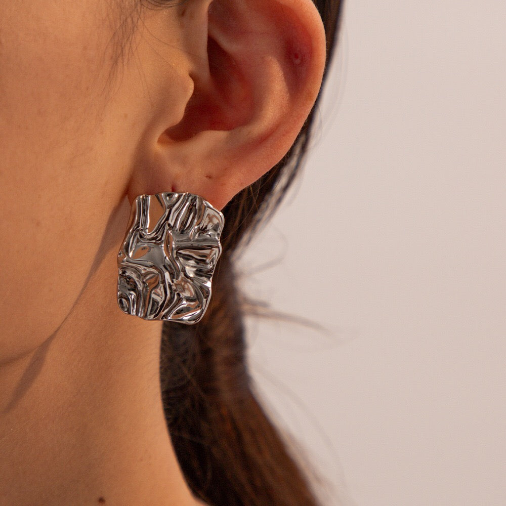 18K Gold Textured Plate Statement Stud Earrings