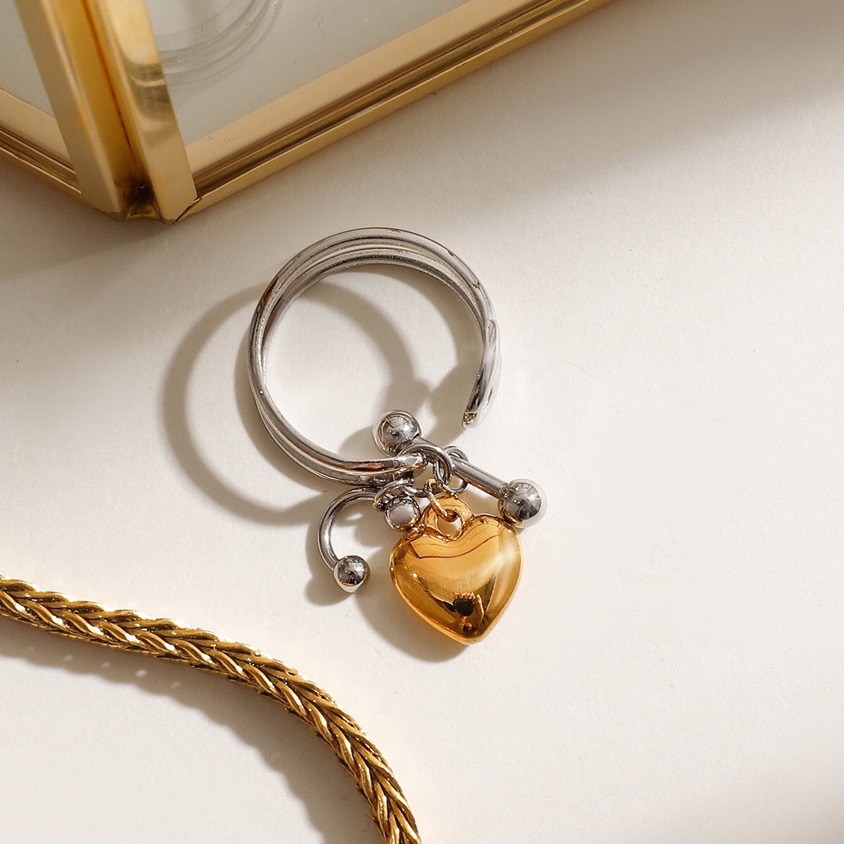 18K Gold and Silver Two Tone Safety Pin Band Heart Charm Ring