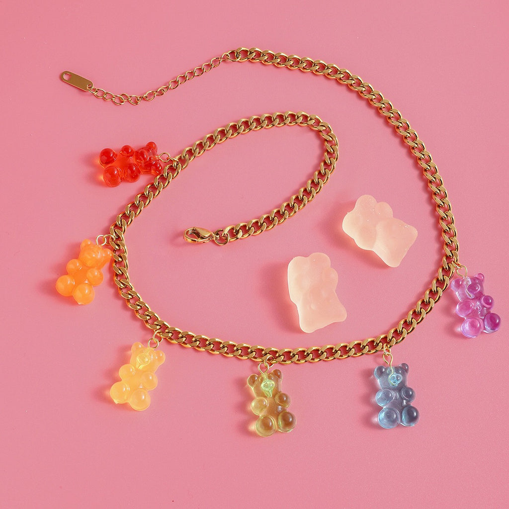 18K Gold Rainbow Color Gummy Bear Cuban Link Statement Charm Necklace