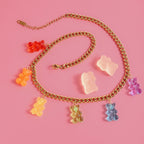 18K Gold Rainbow Color Gummy Bear Cuban Link Statement Charm Necklace