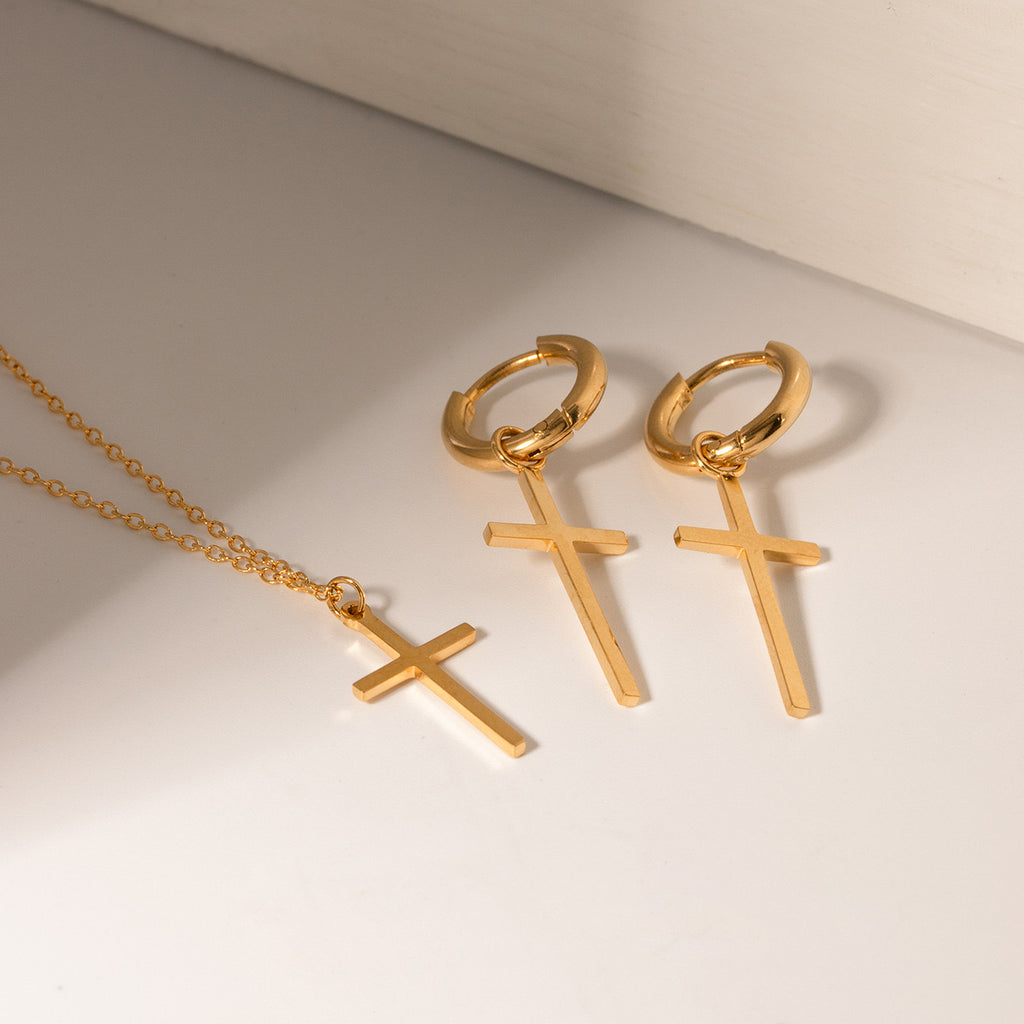 18K Gold Minimalist Cross Huggie Earrings With Charm