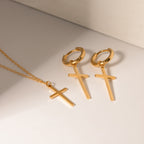 18K Gold Minimalist Cross Huggie Earrings With Charm
