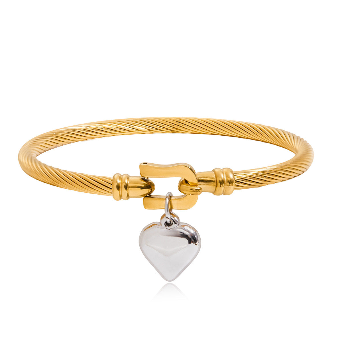 18K Gold and Silver Two Tone Heart Charm Bangle Bracelets