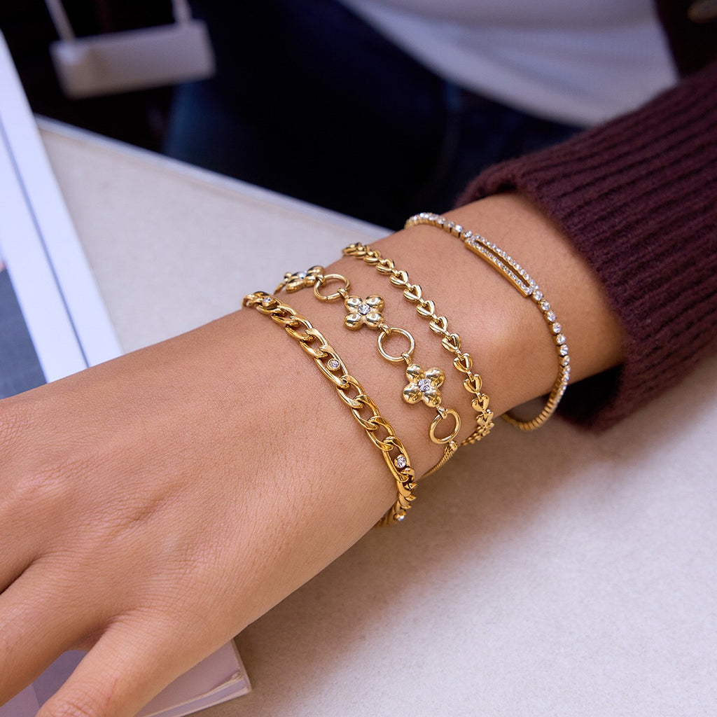 18K Gold Fortune Flower Four Leaf Clover Double Chain Bracelet
