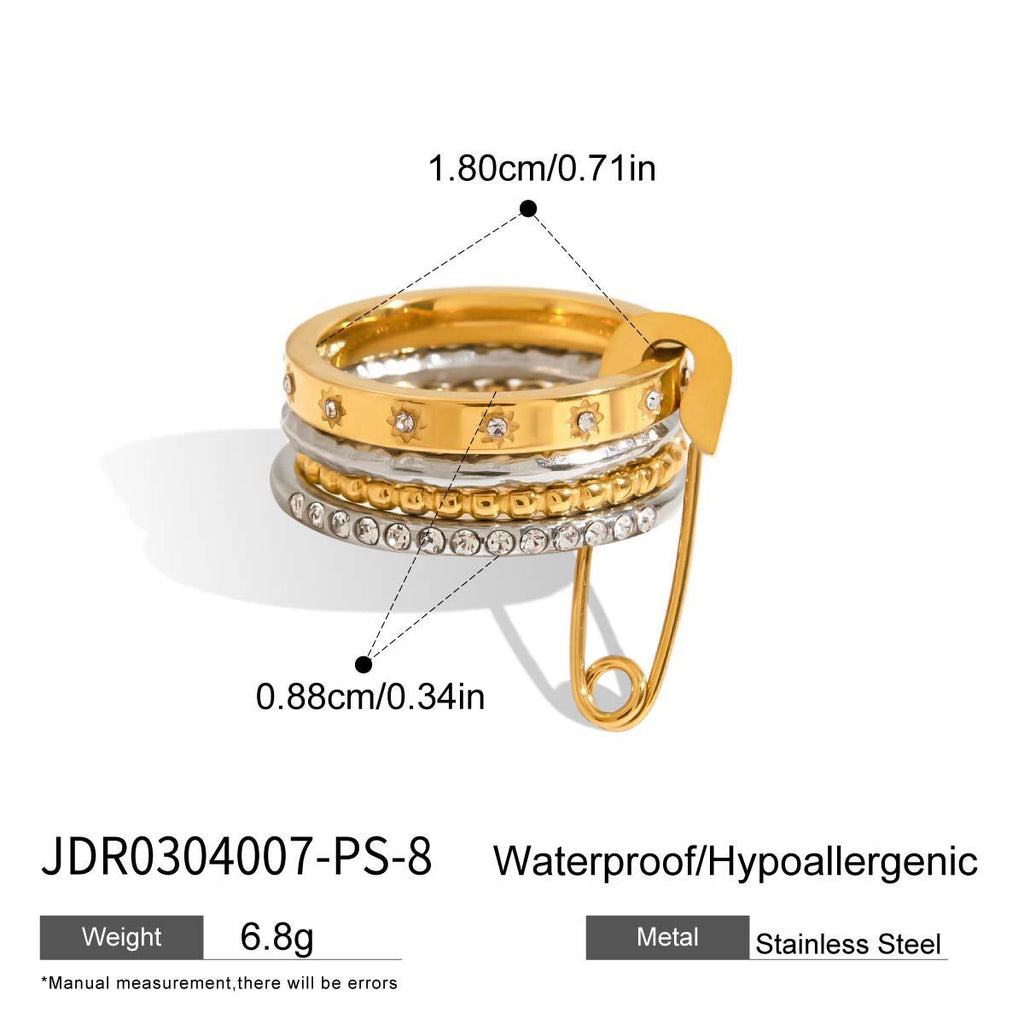 18K Gold and Silver Two Tone Safety Pin Spinelli Connected Multi Layers Stacking Ring