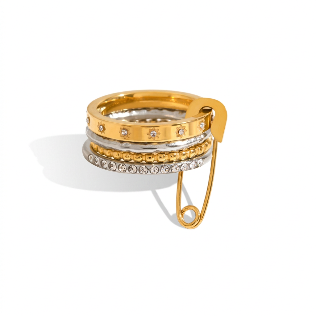 18K Gold and Silver Two Tone Safety Pin Spinelli Connected Multi Layers Stacking Ring