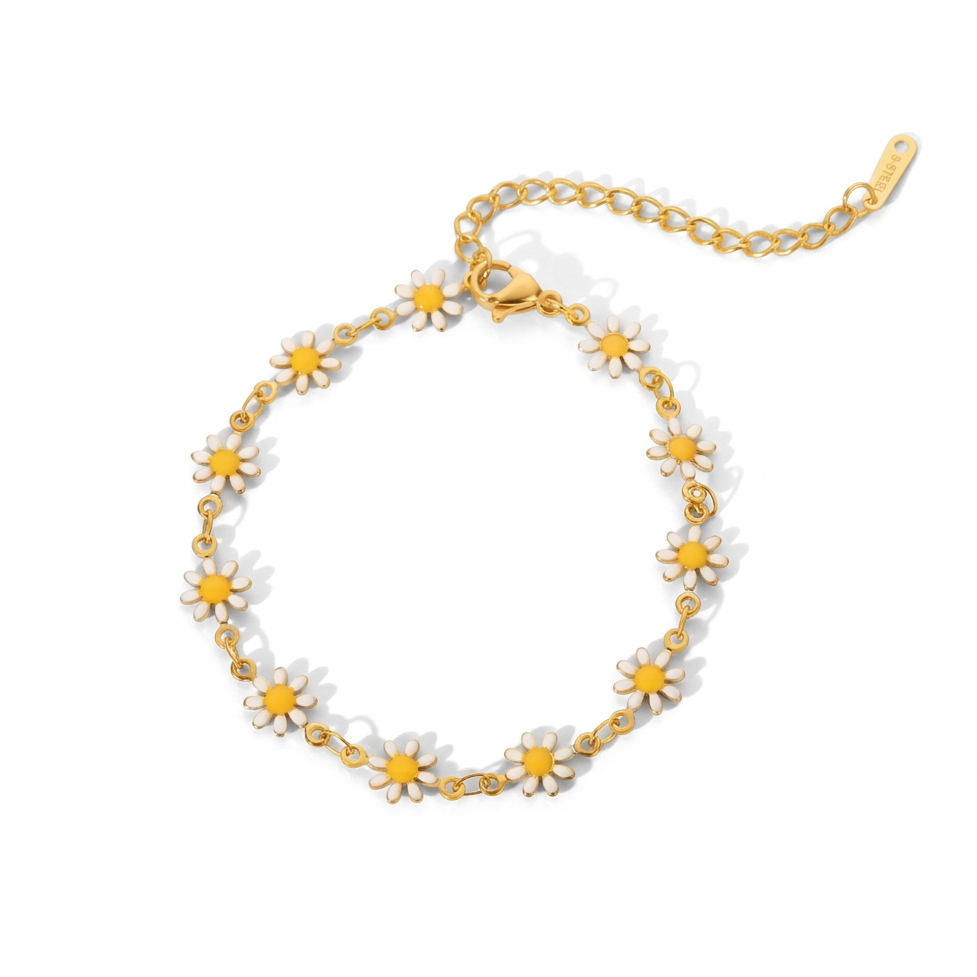 18K Gold White Daisy Flower Chain Bracelet & Necklace Set