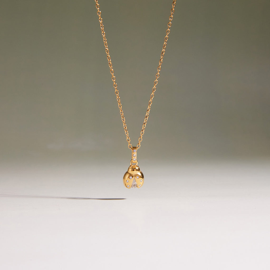 18K Gold Enchanted Garden Pave Dragonfly Ladybug Flower Dainty Pendant Necklace